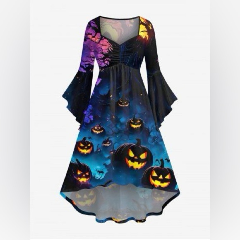 ROSEGAL Halloween dress plus size flare sleeves pumpkin lantern bat ombré NWT